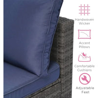 7-Piece Outdoor Rattan Sectional Sofa Set, Gray Wicker Patio Furniture Sets with Navy Blue Cushions for Balcony, Porch, Backyard