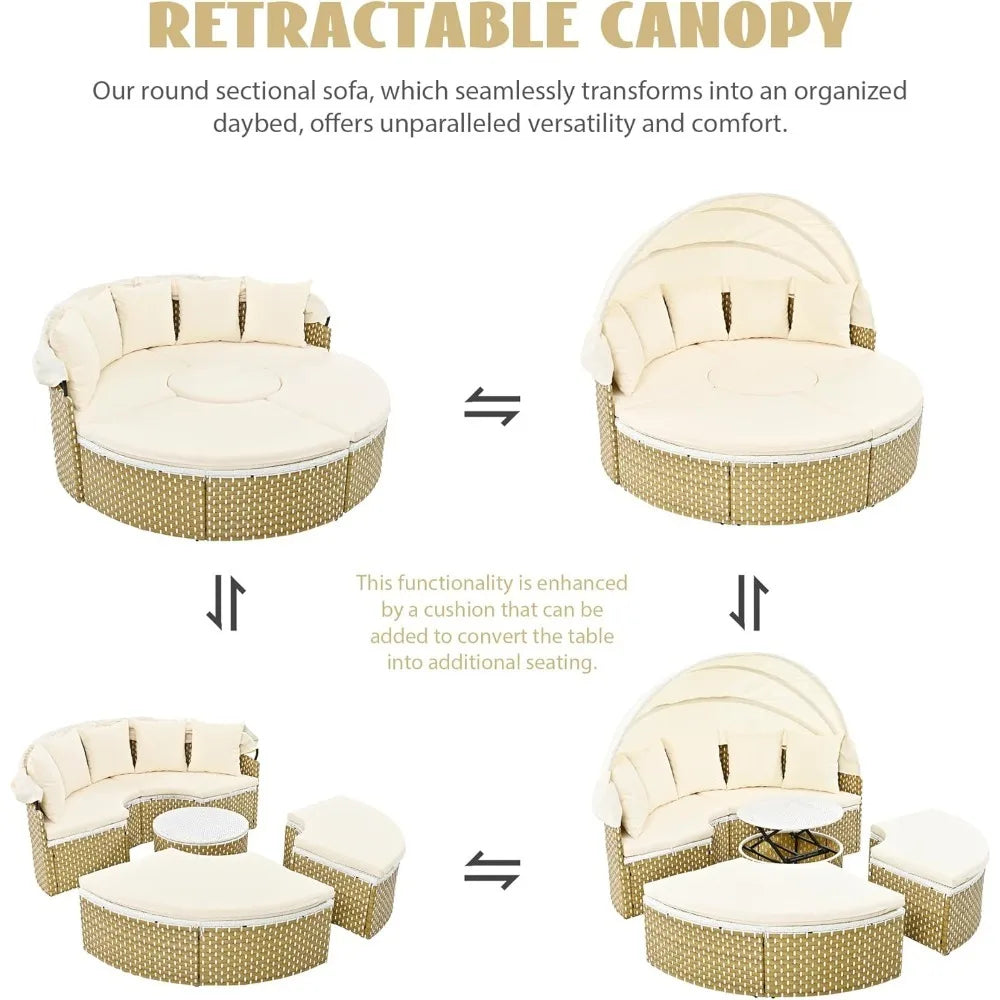 Outdoor Round Rattan Daybed with Retractable Canopy and Adjustable Table Patio Furniture Set Beige