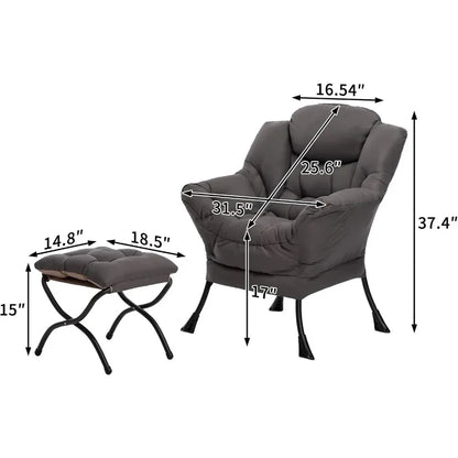 Fabric Lazy Chair with Foldable Ottoman, Accent Comfy Lounge Arm Chair and Folding Footrest Stool Set, Leisure Sofa Reading Cha