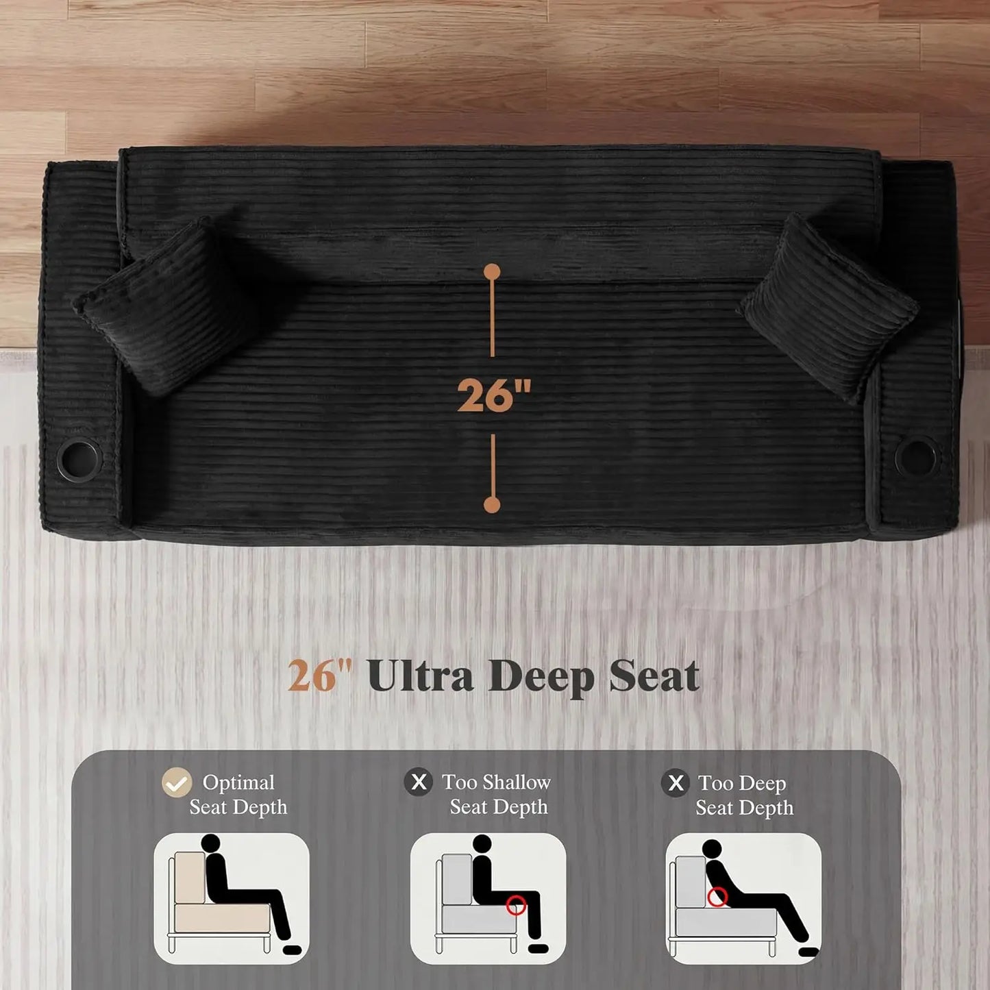 3 Seat Modular Deep Seat Sofa Set with Cup Holder & Side Pocket, Living Room Furniture, Black, Customized