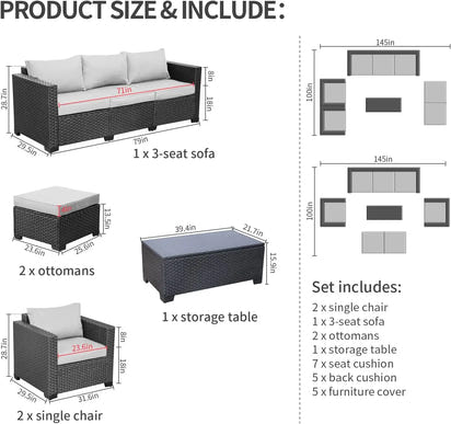 Patio Wicker Furniture Set 6 Pieces Outdoor HDPE Wicker Conversation Couch Sectional Chair Sofa Set with Grey Cushions