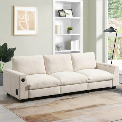 9635''Chenille Sectional Sofa with Bluetooth Speaker Comfy Cloud Couch Set with Drop Down Table Cup Holders USB Charger Storage