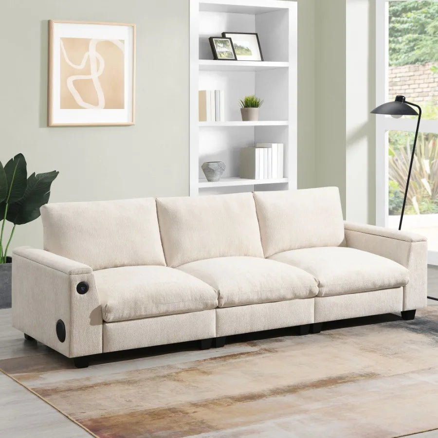 9635''Chenille Sectional Sofa with Bluetooth Speaker Comfy Cloud Couch Set with Drop Down Table Cup Holders USB Charger Storage