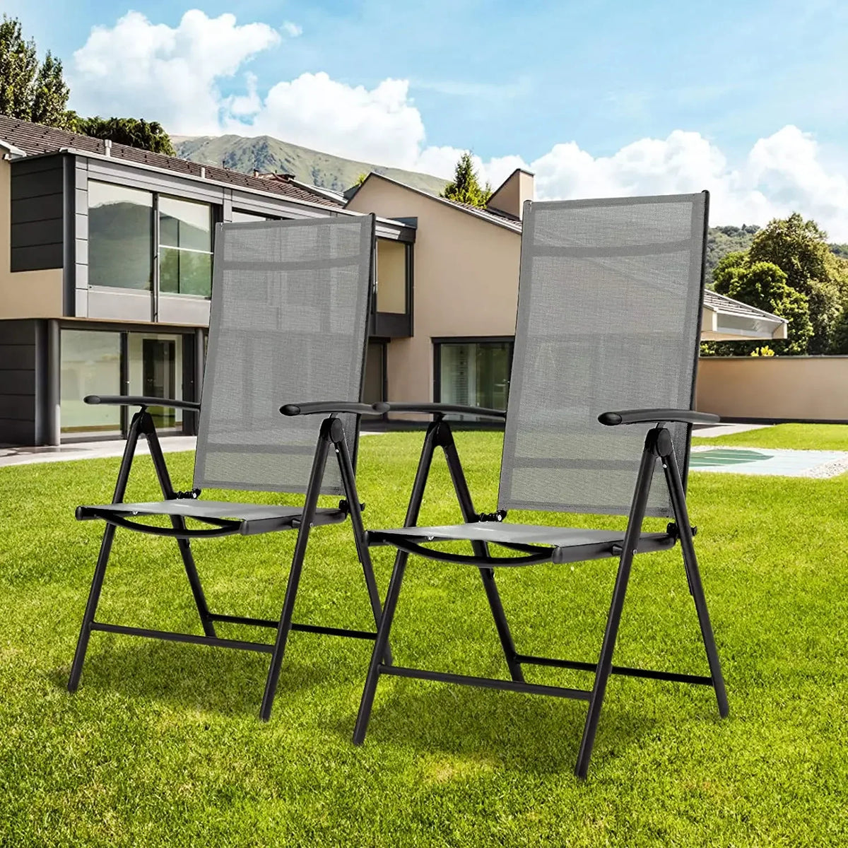 2PCS Foldable Lounge Chair Patio Folding Dining Chairs Aluminum Padded Adjustable High Back Lightweight Lawn Chair, Load 120kg