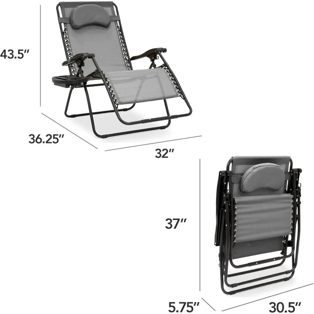 Oversized Zero Gravity Chair, Folding Outdoor Patio Lounge Recliner w/Cup Holder Accessory Tray, Pillow - Gray