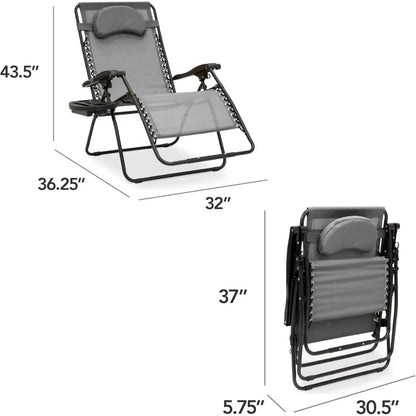 Oversized Zero Gravity Chair, Folding Outdoor Patio Lounge Recliner w/Cup Holder Accessory Tray, Pillow - Gray