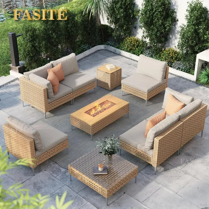 9-Piece Patio Furniture Set with 47" Fire Pit Table, Propane Fire Pit & Storage Box with Water Resistant Cushions Economically