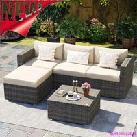 NEW-5 Piece Outdoor Patio Furniture Set,All Weather Wicker Rattan Sectional Sofa Conversation Set with Cushions & Glass Coffee T