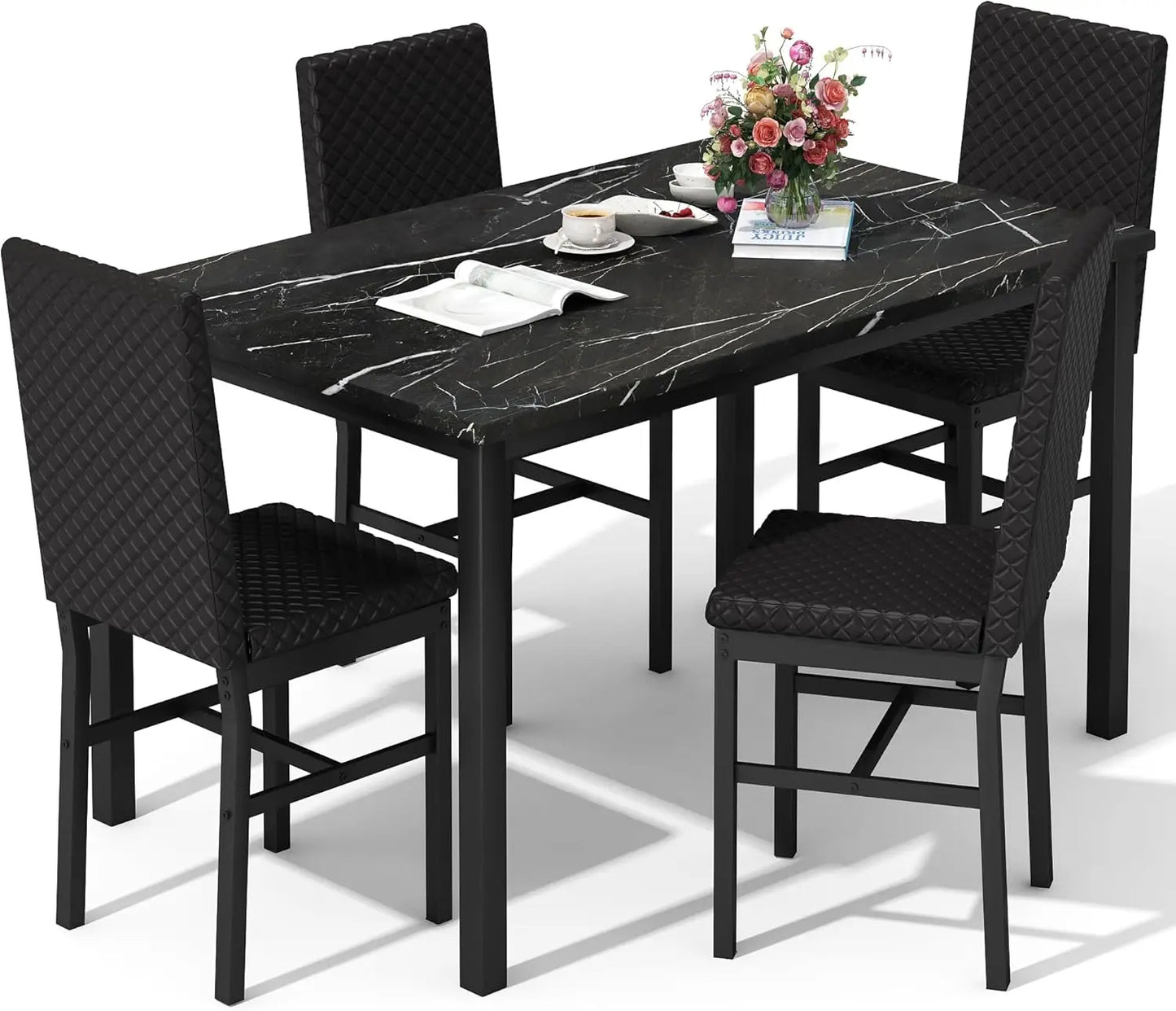 Dining Table Set for 4 Kitchen Table and Chairs Set of 4 Faux Marble Kitchen and Dining with Velvet Upholstered Dinner Chairs