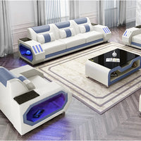 Modern LED Lighted Sofa Set with Recliner, Adjustable Headrest & Console | Luxury Leather Sectional Couch | Futuristic Furniture