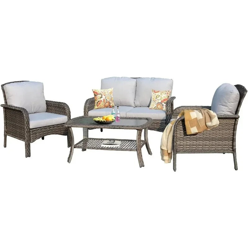 All-Weather Wicker Outdoor Sofa Set with Loveseat, Chairs, and Coffee Table - Garden Furniture Set