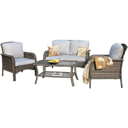 All-Weather Wicker Outdoor Sofa Set with Loveseat, Chairs, and Coffee Table - Garden Furniture Set