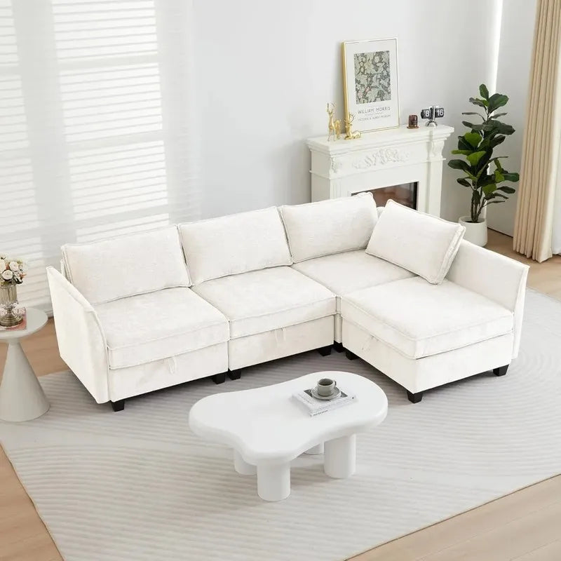 4 Seater Beige Modular Convertible L Shaped Sectional Sofa with Storage for Living Room or Office