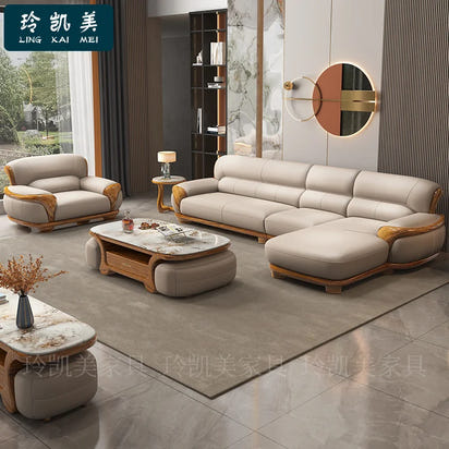 New Chinese ebony leather sofa living room combination size apartment first layer cowhide straight row sofa