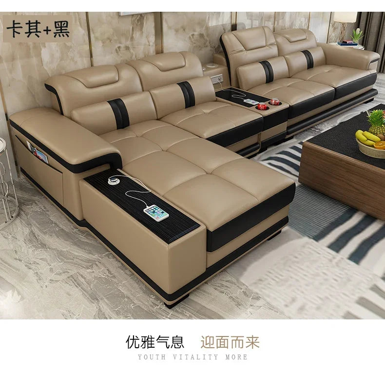 Customizable MANBAS Luxury Italian Genuine Leather Sectional Sofa Set with Bluetooth Speaker and USB Ports