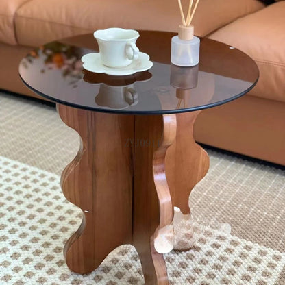 Table basse ondulée en bois massif, pétale rétro français, table créative en verre trempé, petite table ronde