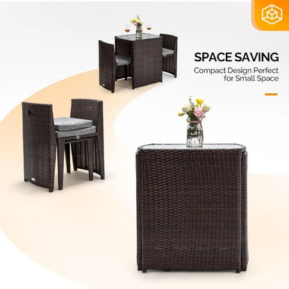 POPULAR.3 PCS Wicker Outdoor Patio Bistro Set, Patio Furniture Set for Small Space with Glass Top Table Dining Chairs, Ba