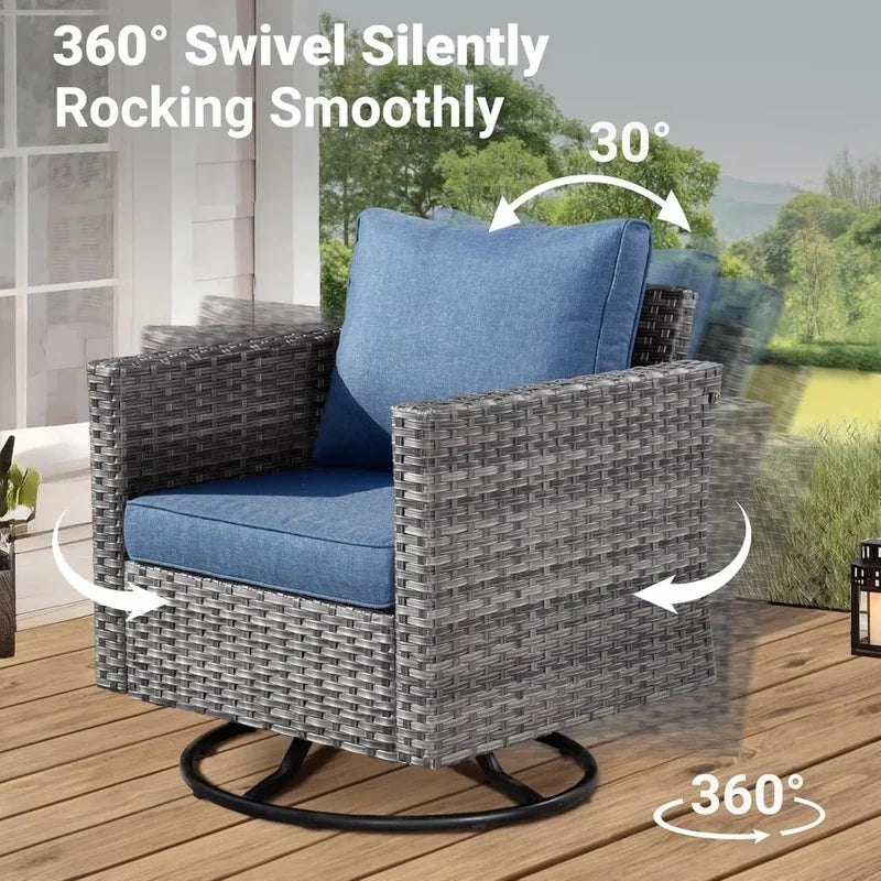 3-Piece Outdoor Swivel Chair Set with Cushions, Rattan Rocking Chairs and Side Table, Comfortable Patio Glider Furniture