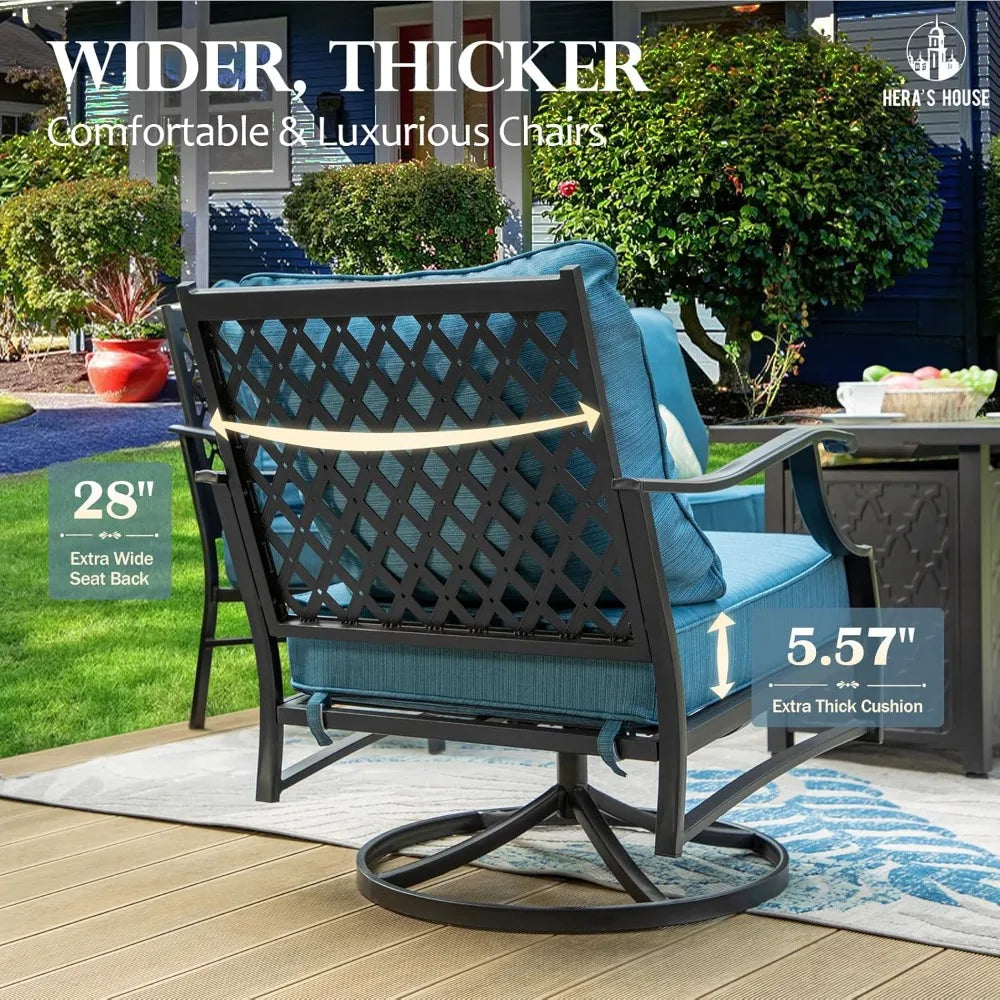 4 Piece Patio Furniture Set, 2 x Swivel Cushioned Chair, 3-Seat Sofa with Marbling Coffee Table, All Weather Outdoo