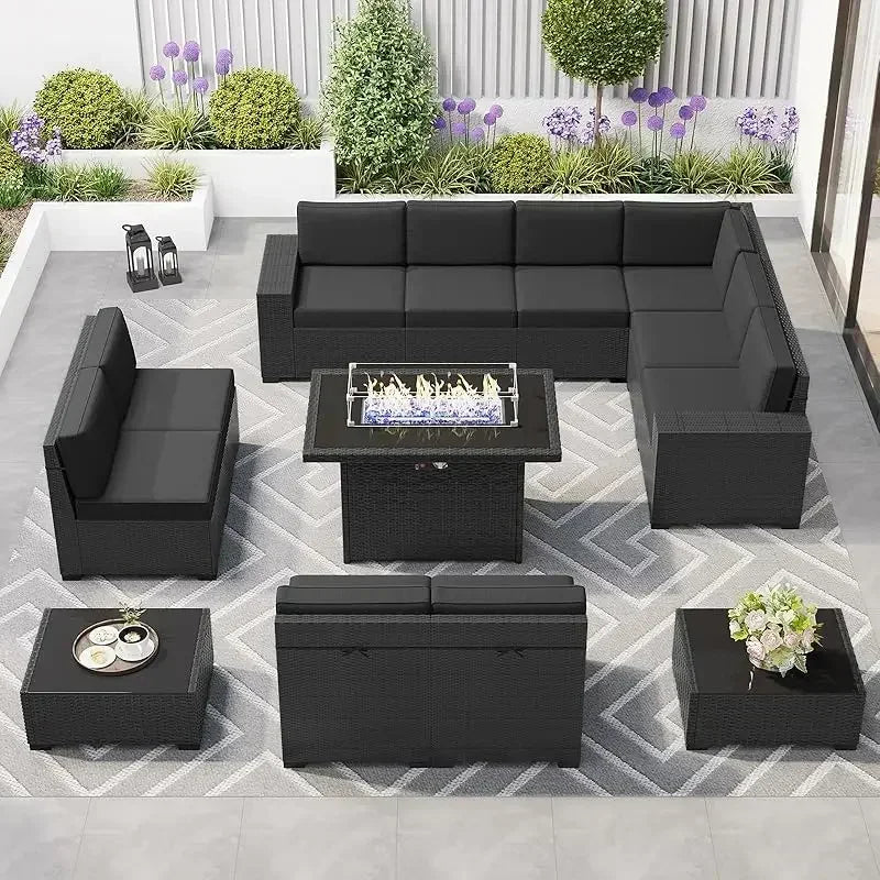 PatioLix 8 Piece Patio Furniture with 44"Propane Gas Fire Pit Table. Outdoor Sectional Conversation Set Wicker Rattan Sofa