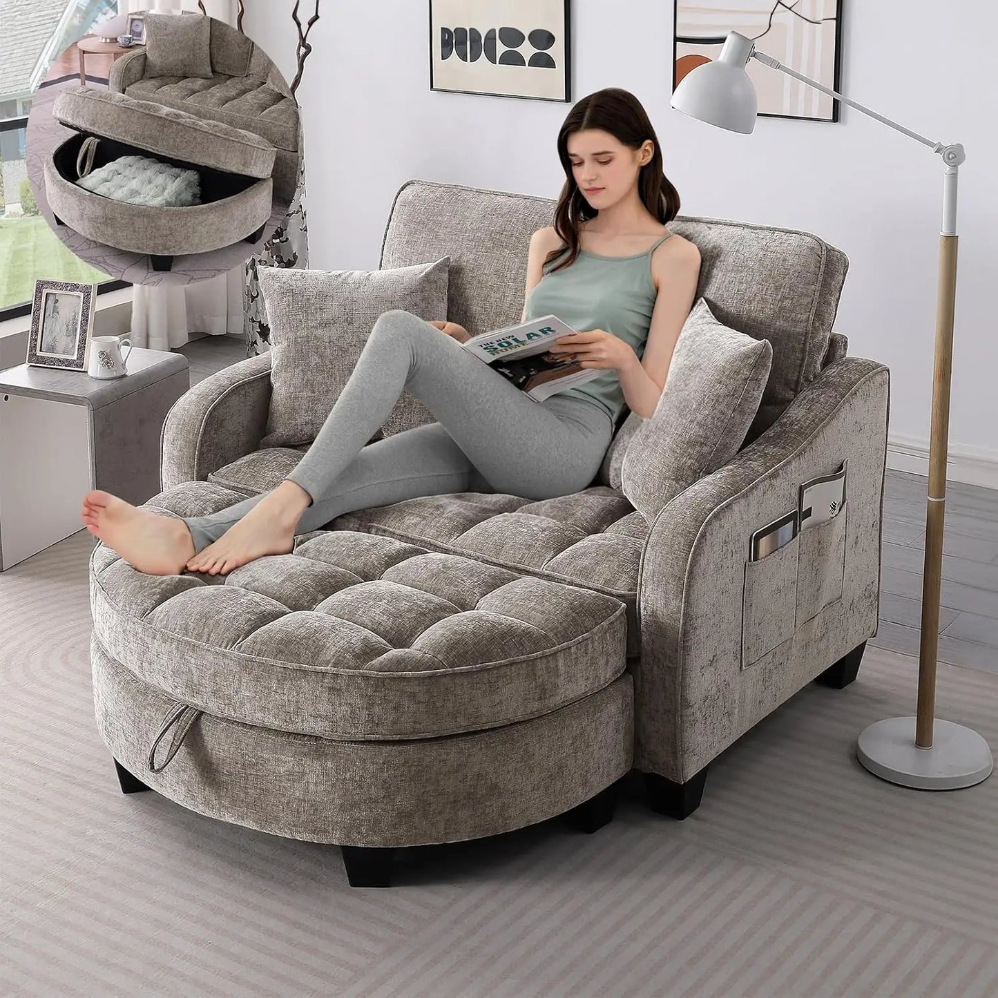 Oversized Curved Chaise Lounge Chair Indoor with Ottoman, 54.8" Cloud Reading Chair Soft Chenille Circle, Customized