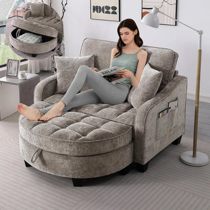 Oversized Curved Chaise Lounge Chair Indoor with Ottoman, 54.8" Cloud Reading Chair Soft Chenille Circle, Customized