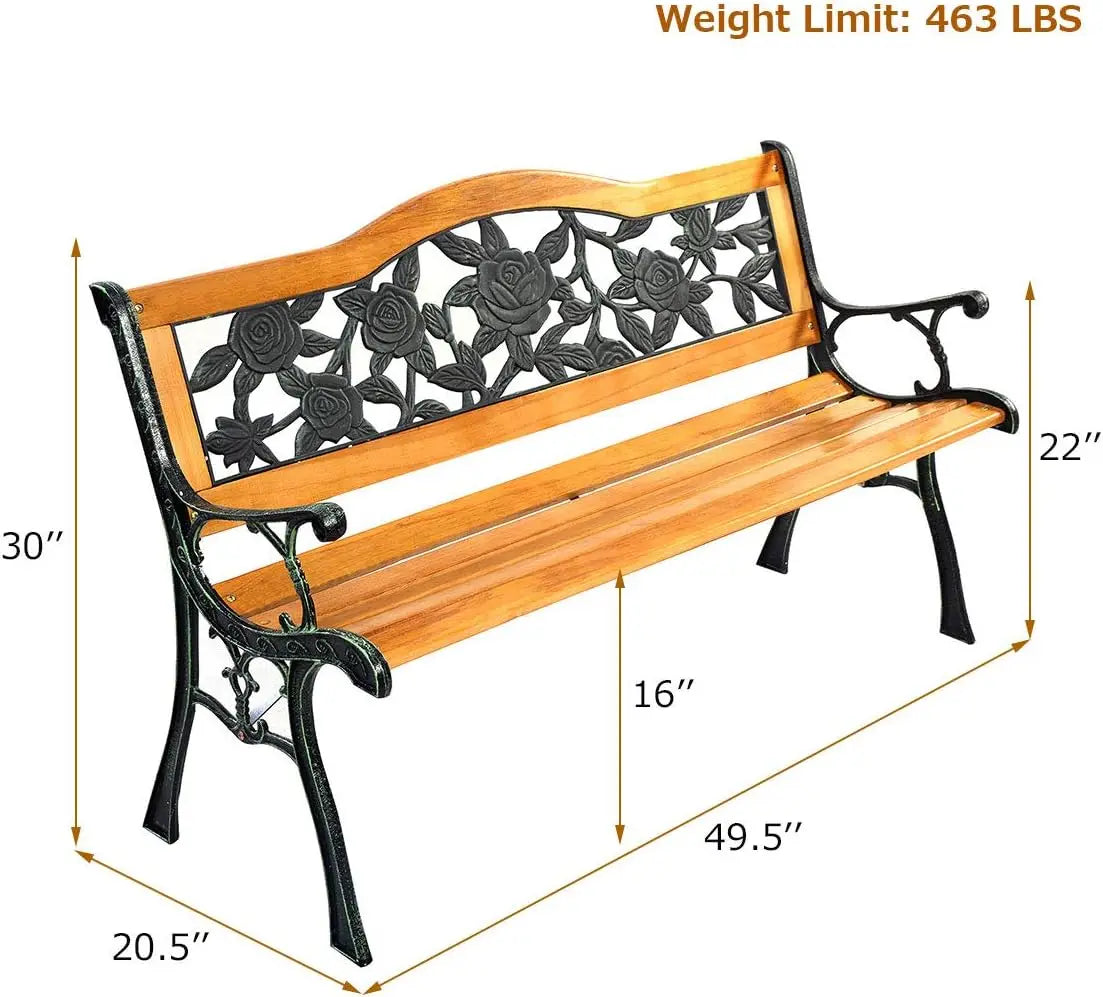 50 Cast Iron & Hardwood Patio Loveseat, Weather-Resistant Outdoor Bench for 2, Suitable for Porch and Garden