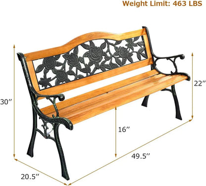 50 Cast Iron & Hardwood Patio Loveseat, Weather-Resistant Outdoor Bench for 2, Suitable for Porch and Garden