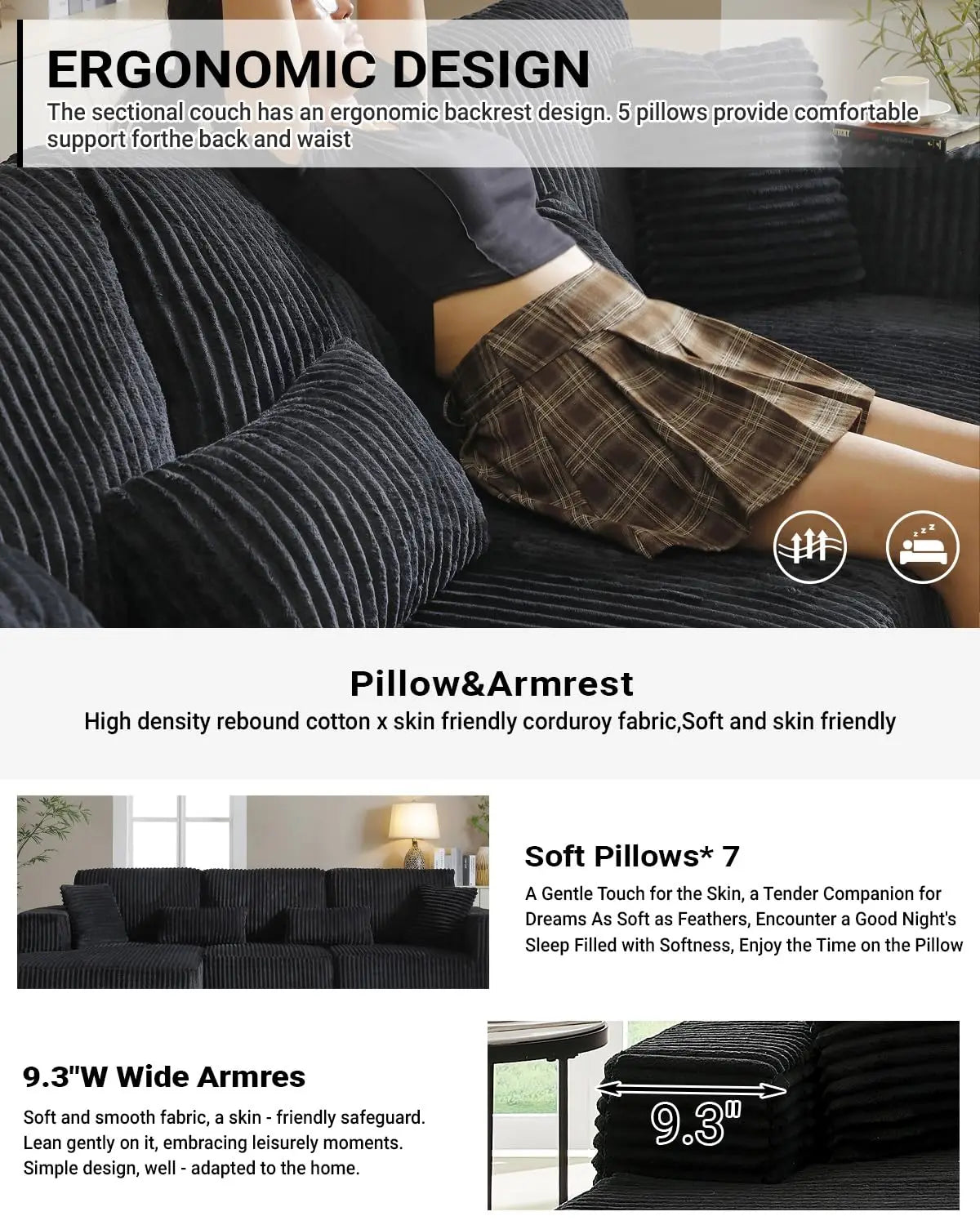 110" Cloud Sectional Couch, Modular Sectional Sofa with Deep Seat, Corduroy Upholstered Boneless Couch for Living Room Bedroom,