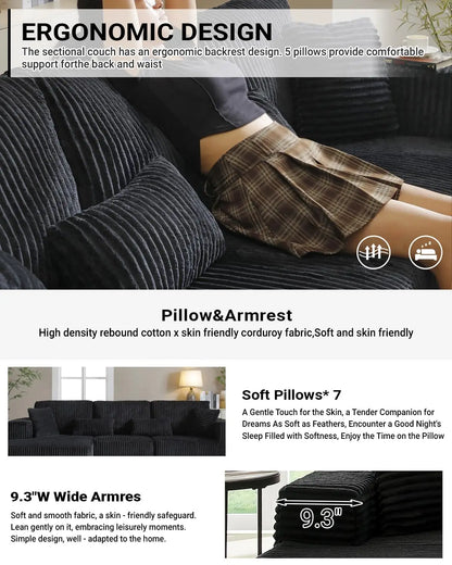 110" Cloud Sectional Couch, Modular Sectional Sofa with Deep Seat, Corduroy Upholstered Boneless Couch for Living Room Bedroom,