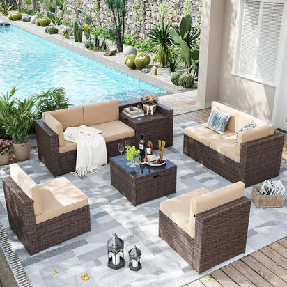 8 Piece Patio Furniture Set, Wicker Outdoor Furniture Set with Storage Box and Glass Top Table, Patio Sectional Set with Thicke