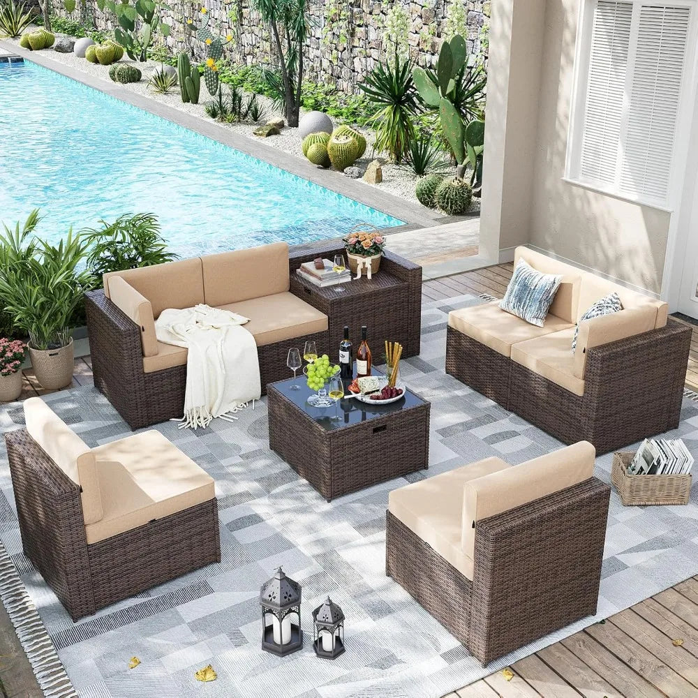 8 Piece Patio Furniture Set, Wicker Outdoor Furniture Set with Storage Box and Glass Top Table, Patio Sectional Set with Thicke