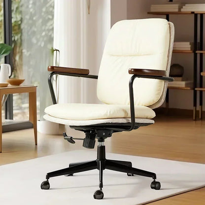 Comfortable Genuine Leather Chair Steel-Legged Adjustable Swivel Seat Ergonomic Desk Chair for Prolonged Sitting