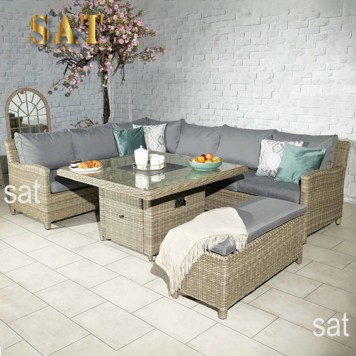 -Patio Furniture L Shape Wicker Lounge Set Garden Corner Sofa Sets With Firepit Table Outdoor Rattan Dining Table And Chair