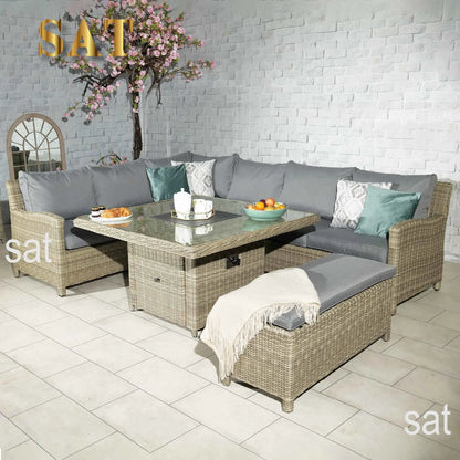 -Patio Furniture L Shape Wicker Lounge Set Garden Corner Sofa Sets With Firepit Table Outdoor Rattan Dining Table And Chair