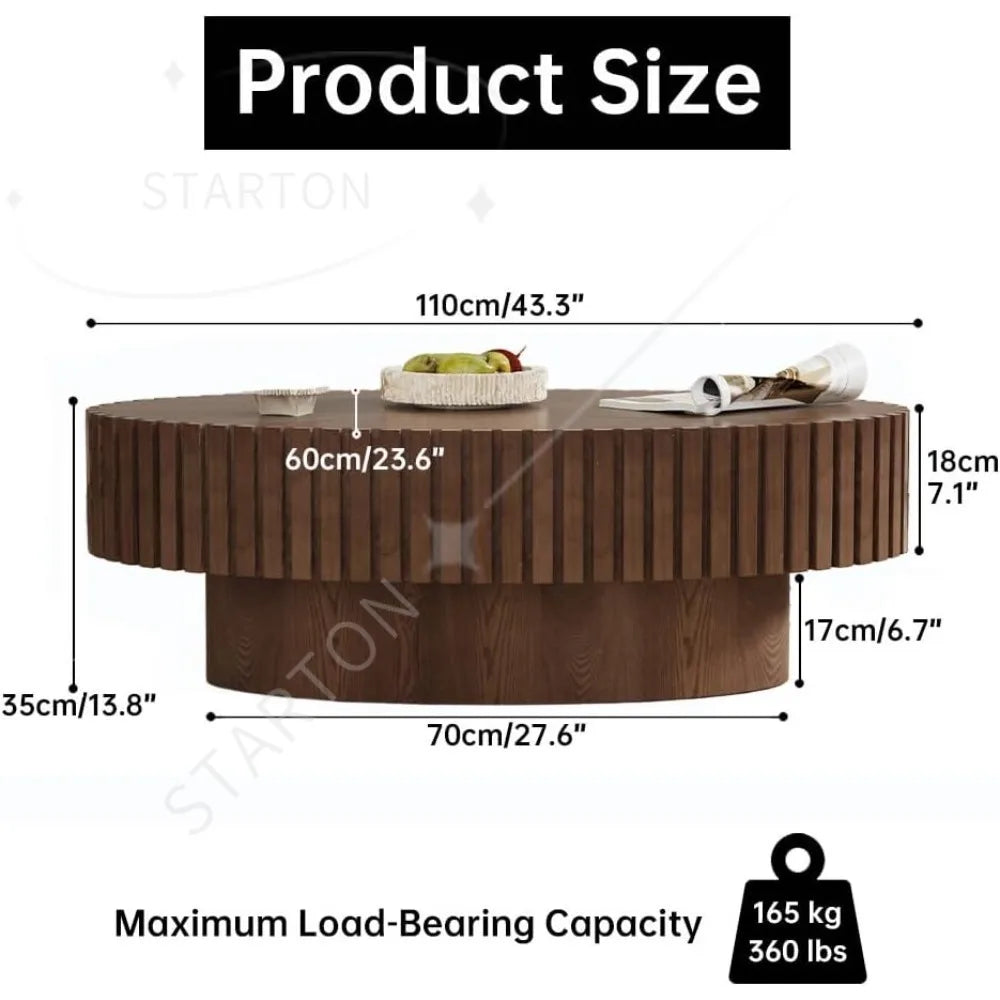 Oval Coffee Table, Brown Drum Fluted, Mid Century Modern, Irregular Pedestal Center, For Living Room Farmhouse