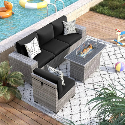 gray wicker outdoor sectional sofa set with 5-piece patio furniture and fire pit table