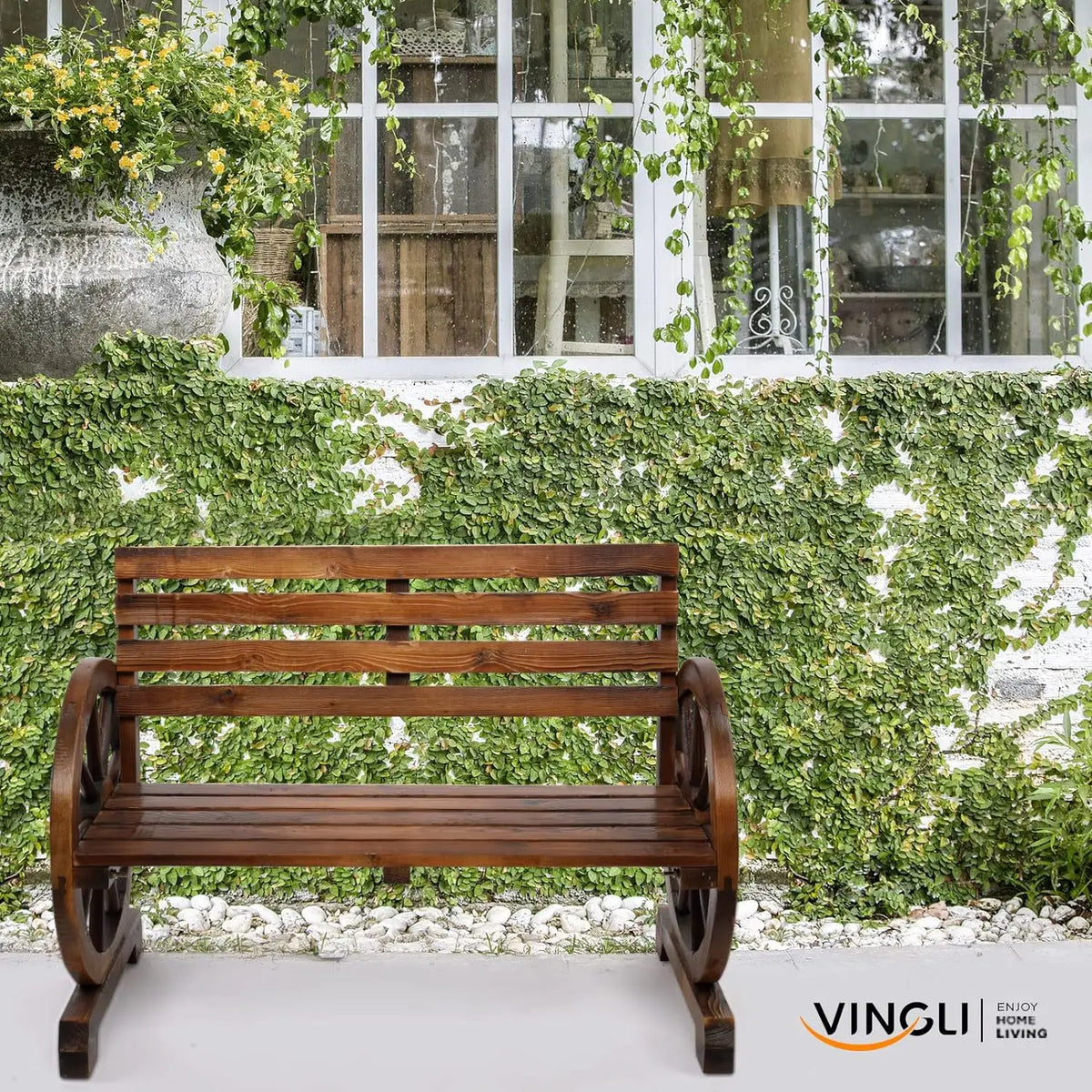 Country style wooden wheeled outdoor chair, patio bench with slat seating for 2 people, outdoor garden bench