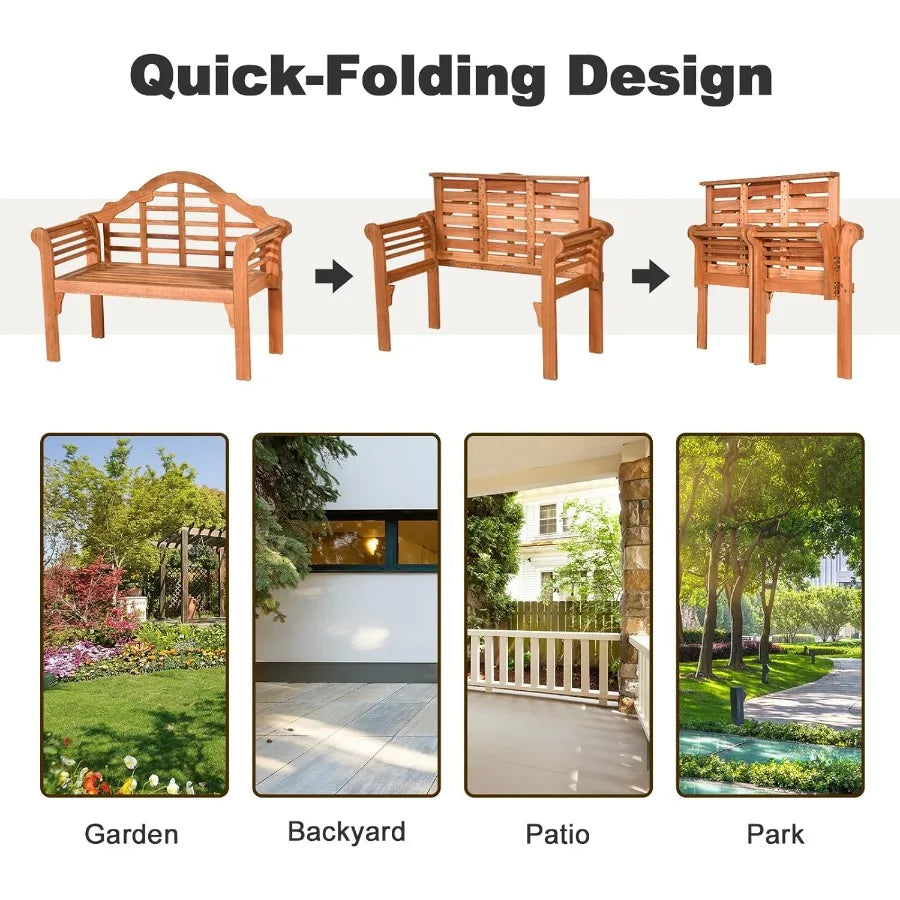 Giantex Outdoor Wood Bench, 4 Ft Foldable Eucalyptus Garden Bench, Two Person Loveseat Chair Solid with Curved Backrest and Armr