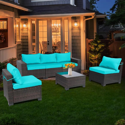 4 Pieces Patio Rattan Furniture Set, Outdoor Wicker Sofa Set with Tempered Glass Coffee Table, Cushions, All Weather Rattan Con