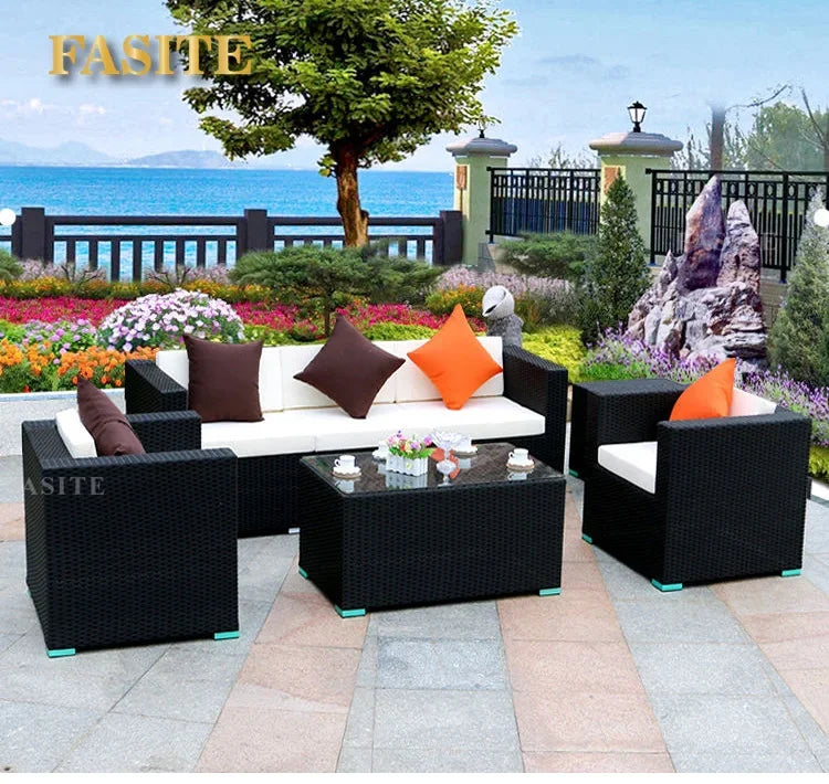 Outdoor rattan sofa, rainproof and sunscreen woven three piece set, tea table combination, outdoor furniture