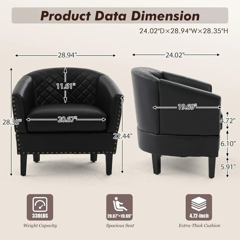 Barrel Chair Living Room Chair, Upholstered Sofa Club Chair with Nail-Heads and Solid Wood Legs for Bedroom, Offic
