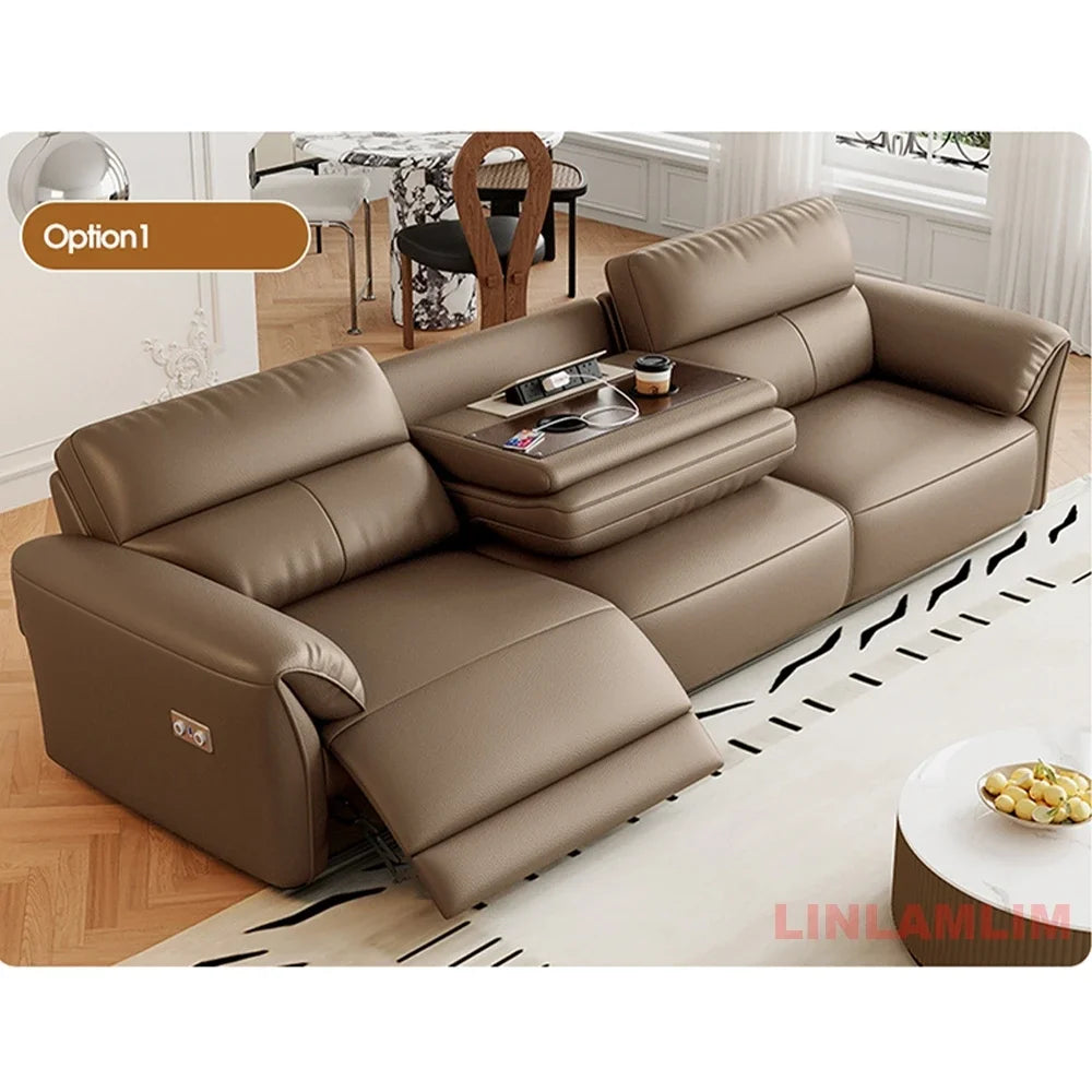 MINGDIBAO Modern Recliner Sofa with Hidden Foldable Tray Table and USB – Italian Genuine Leather Sectional Couch for Living Room