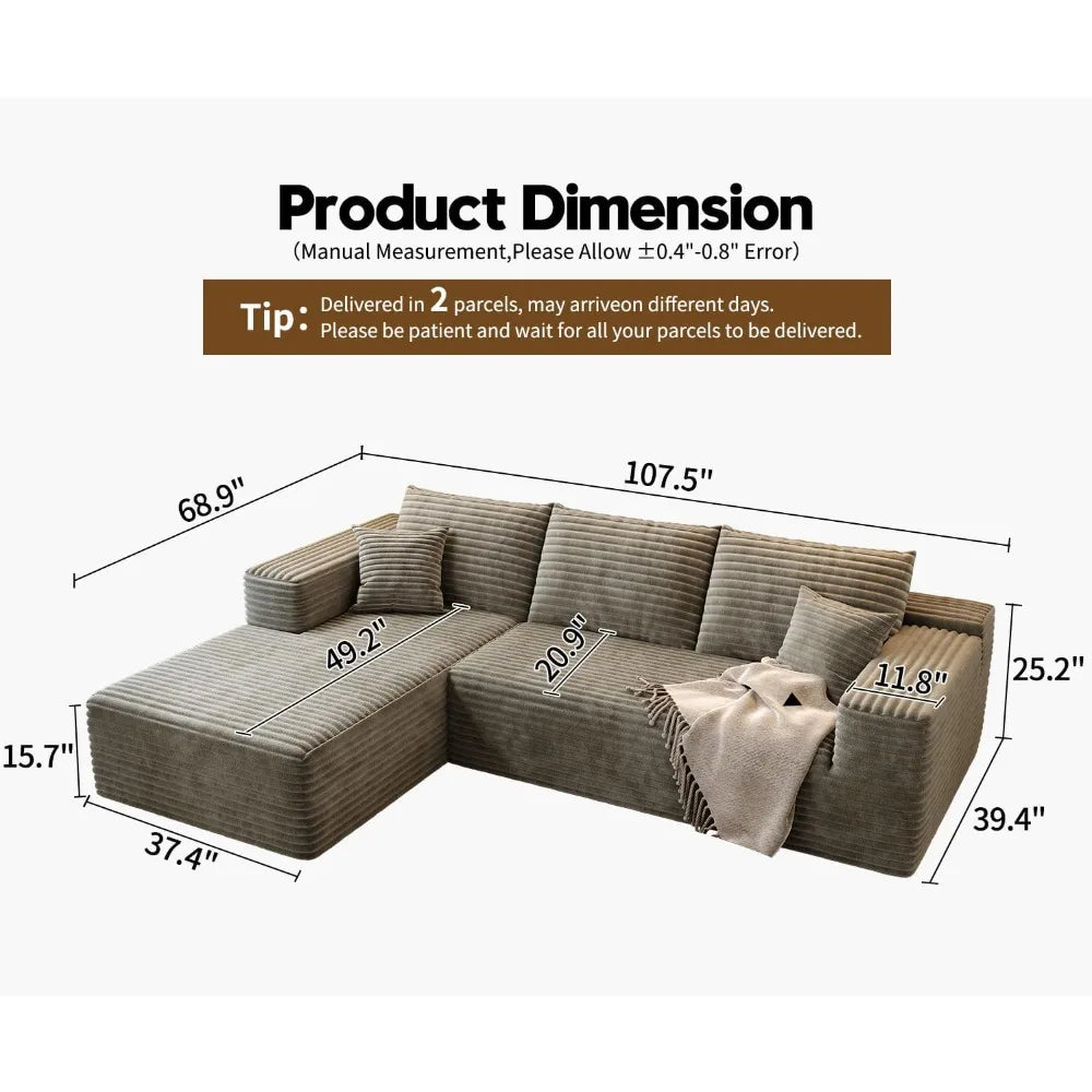 107.5 Cloud Modular Sectional Sofa Couch with L-Shape Chaise,Modern Minimalist Upholstered Couches for Living Room Bedroom
