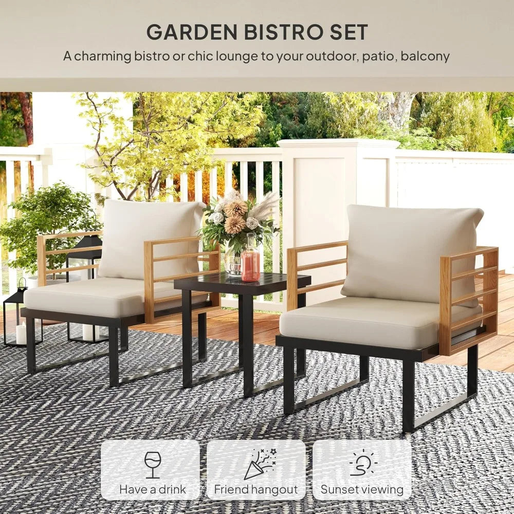 3 Pieces Outdoor Bistro Set, Small Patio Set with Cushions, Armchairs and Slatted Metal Top Table, Metal Patio Furniture Set.