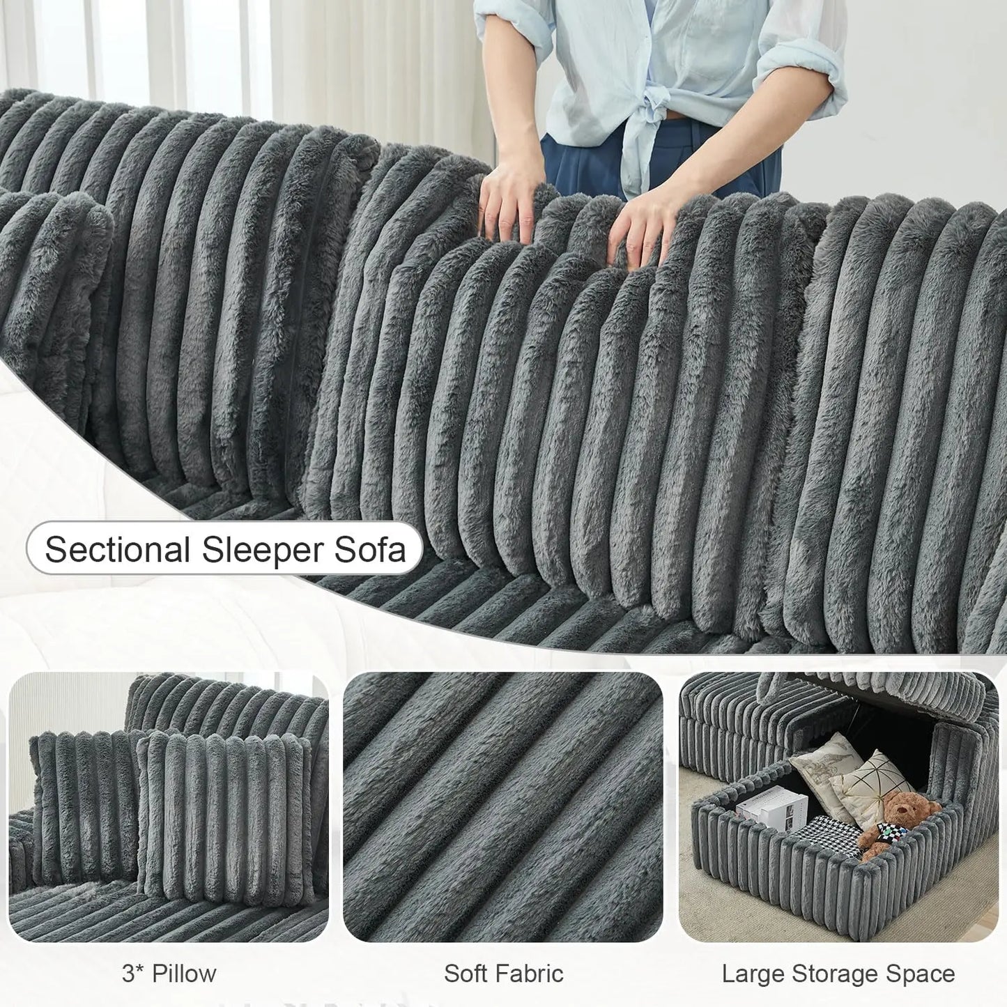 TODRANI 122 inch Overisze U Shaped Sleeper Sofa Pull Out Bed, Sleeper Sofa with Double Storage Chaise for Living Room