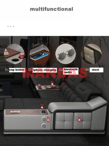 L-Shaped Modern Sectional Sofa Set with Chaise, Genuine Leather Reclining Couch with USB Charging Ports & Cup Holders, Couch Set