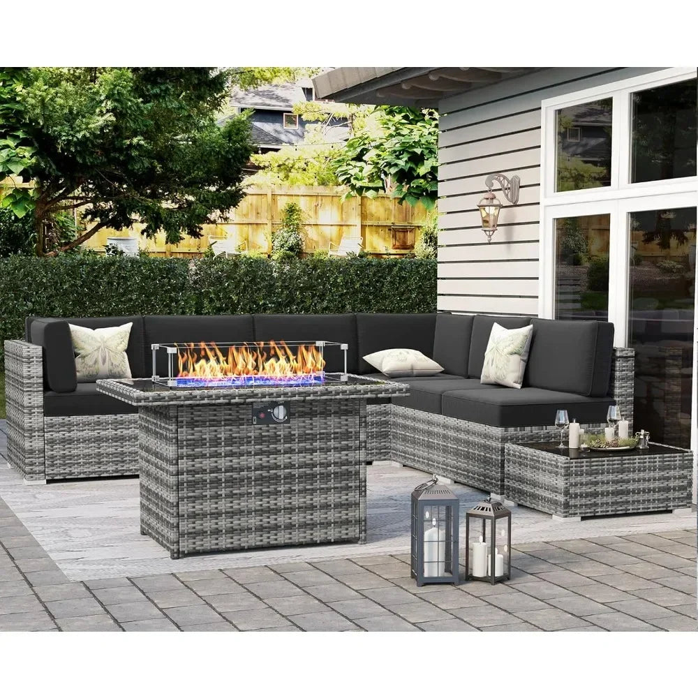 [Free ShippingBuy Now!]8-piece outdoor patio furniture set with fire pit and wicker rattan sectional sofa conversation area