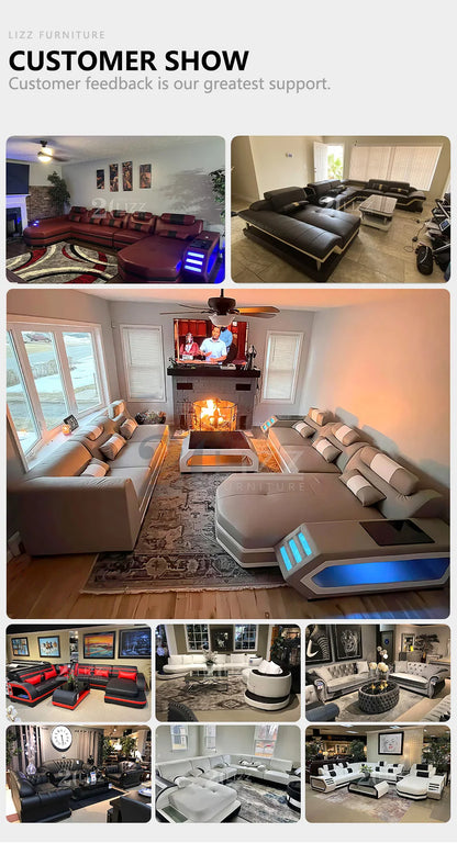 Modern Design Leather Couch Sectional Living Room Sofa Set Furniture with LED