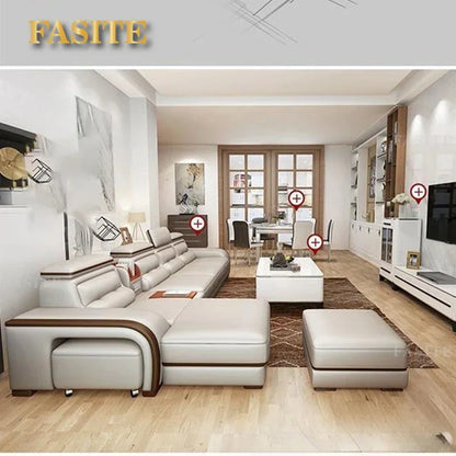 Genuine Leather Sofa With Bluetooth Speaker,USB And Adjustable Headrests - Nordic Italian Couch For Living Room Economically